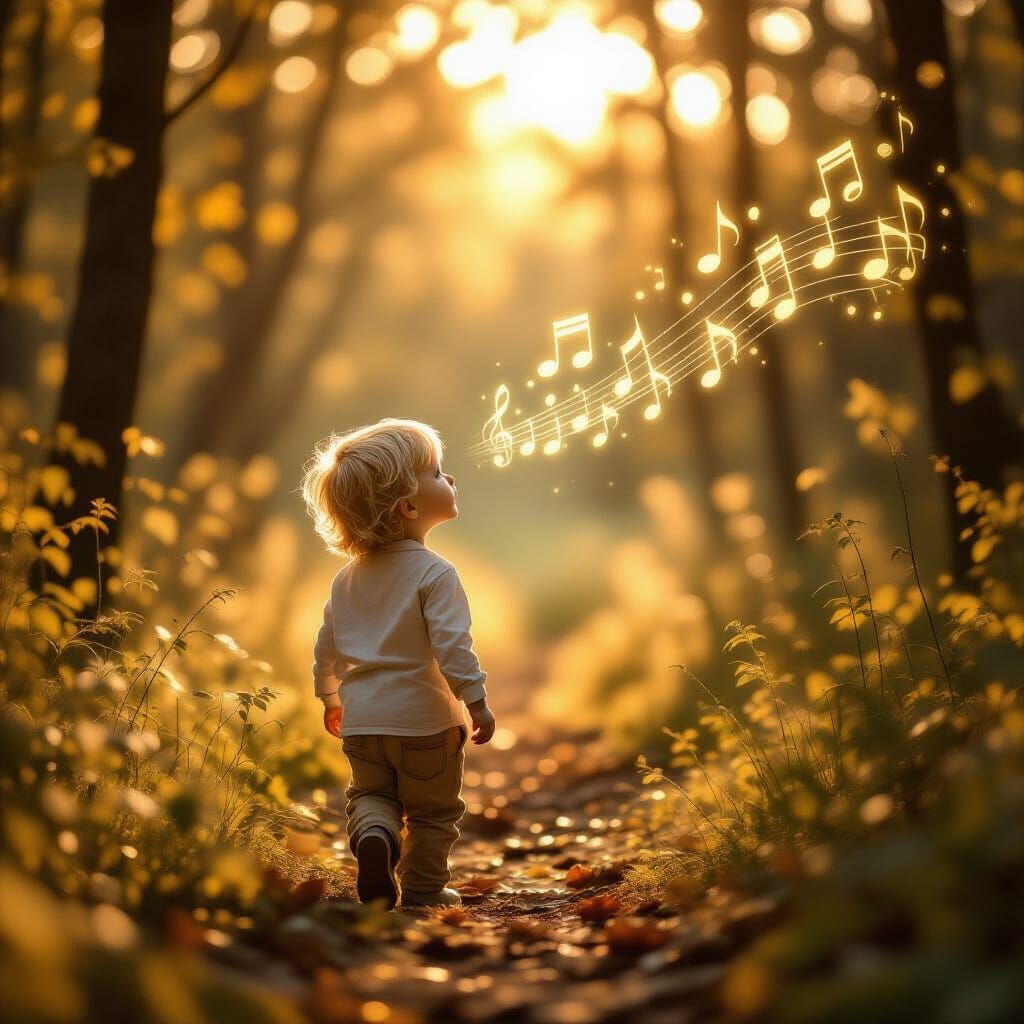 Boy Follows Glowing Music Notes in Sunlit Forest