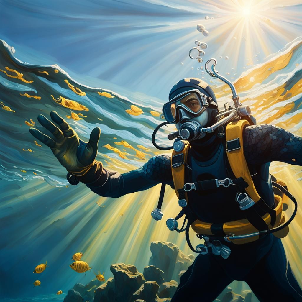 Pearl Diver in Sunlit Seabed: Oil Painting Style