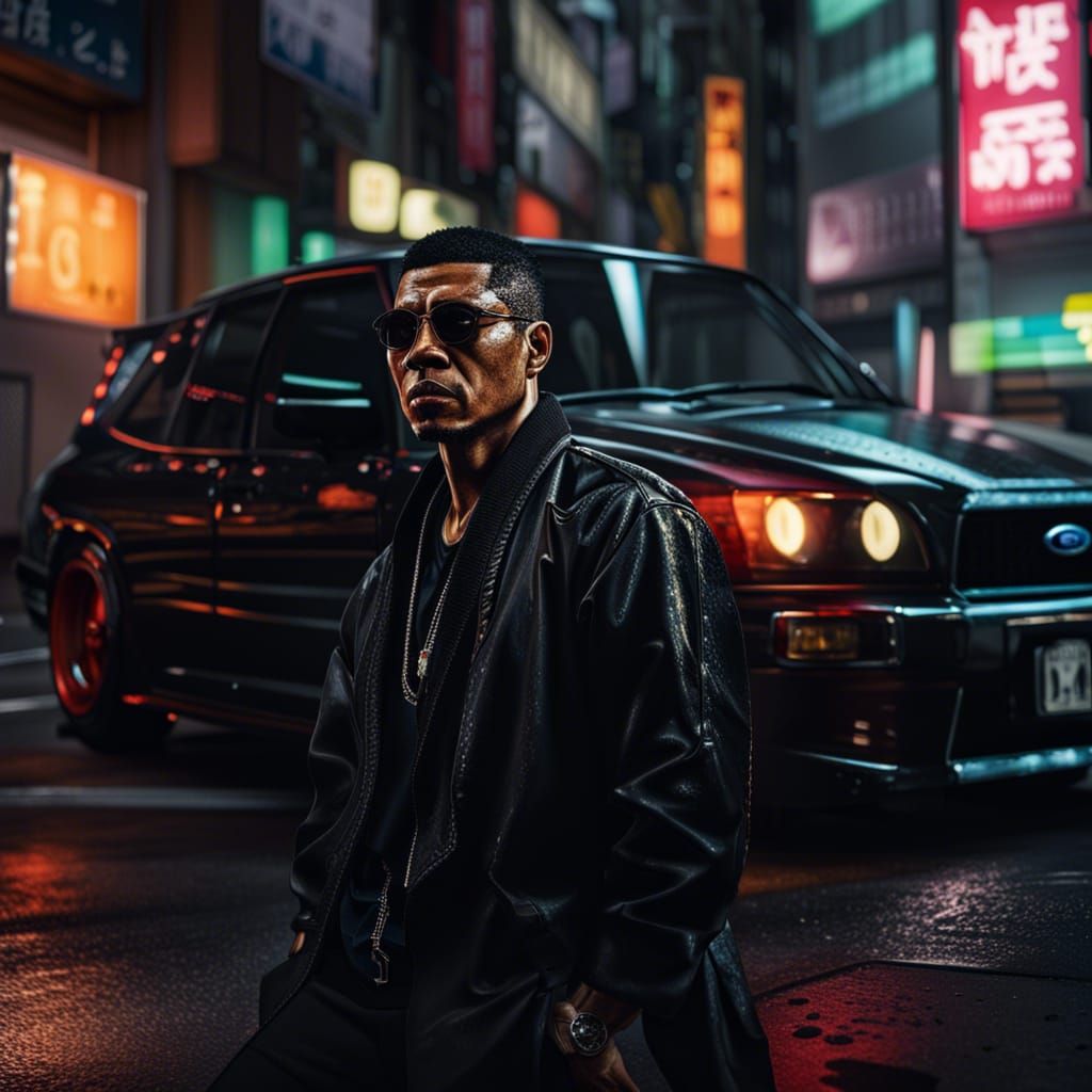 Hyperrealistic Black Yakuza in Tokyo with Subaru