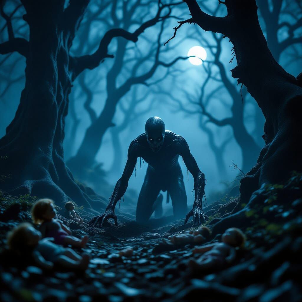 Nightmarish Foggy Forest with Crawling Figure