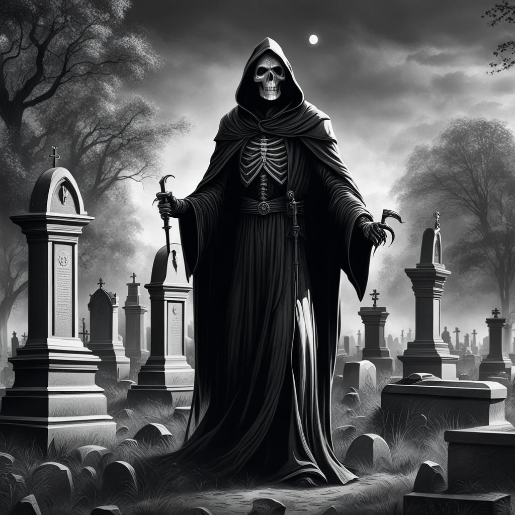 Grim Reaper in Cemetery: Engraving Style