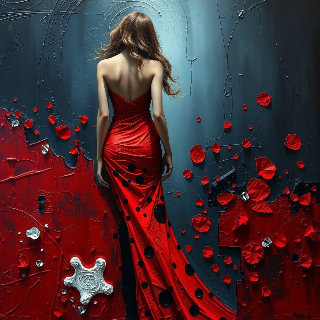 Woman in Red Dress with Black Dots - Impasto Oil Painting
