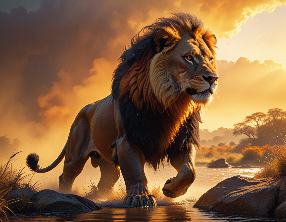 African Hunter Faces Saber-Toothed Lion in Oil Painting Styl...