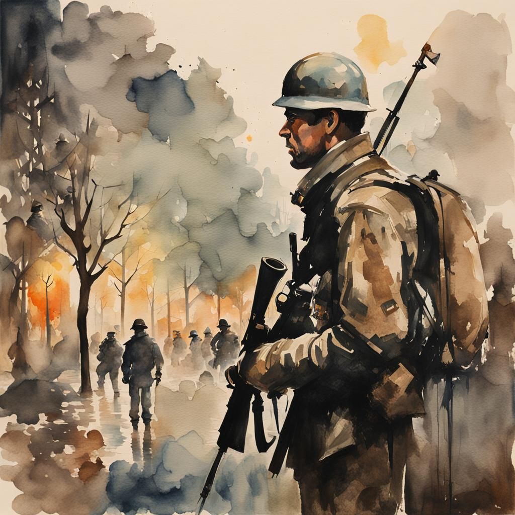 Vintage Watercolor of Friends Parting After War
