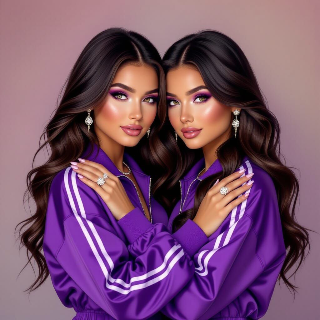 Identical Twins Embrace Mother in Purple Tracksuits