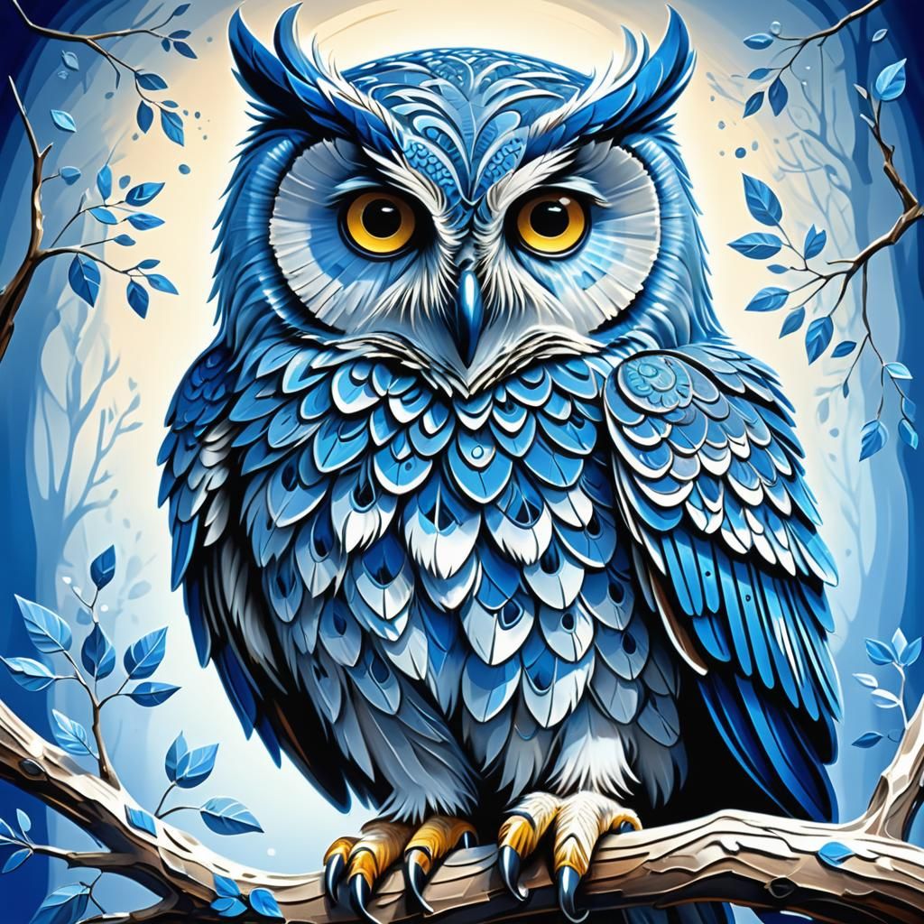 Beautiful Blue Owl in Monocolor Illustration
