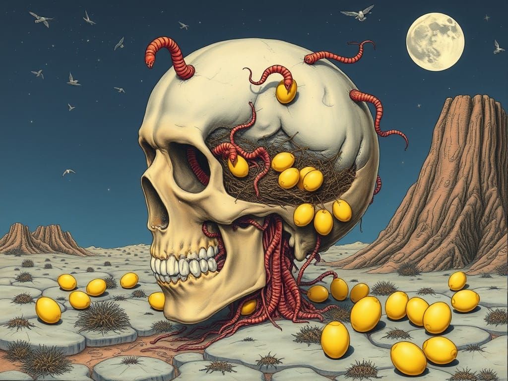 Surreal Moonscape with Open Skull and Worms