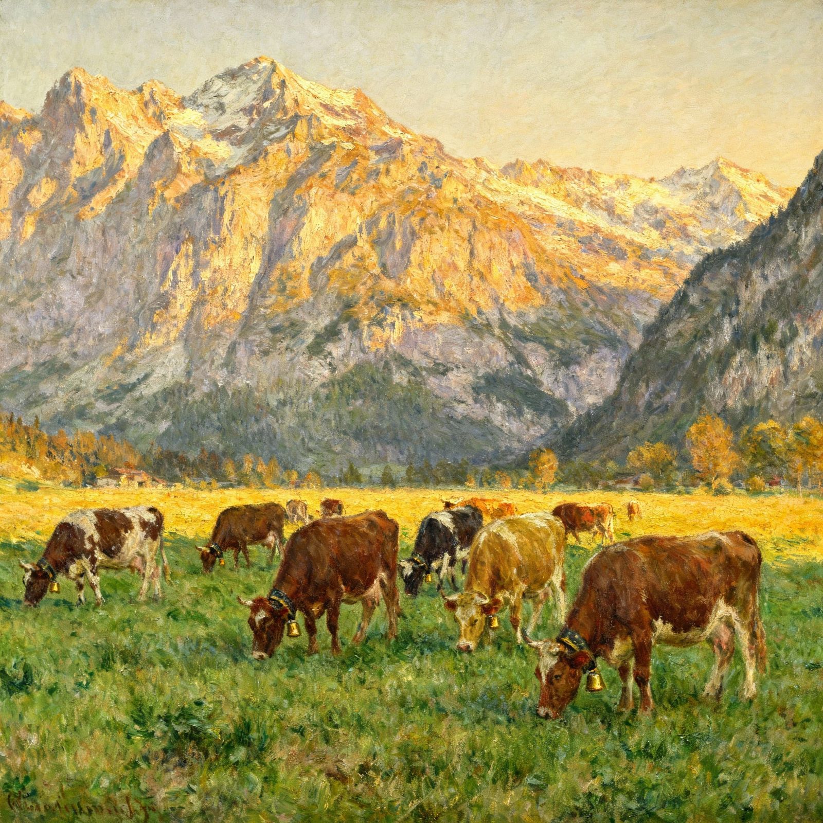 Impressionist Cows Grazing in Swiss Alps Meadow