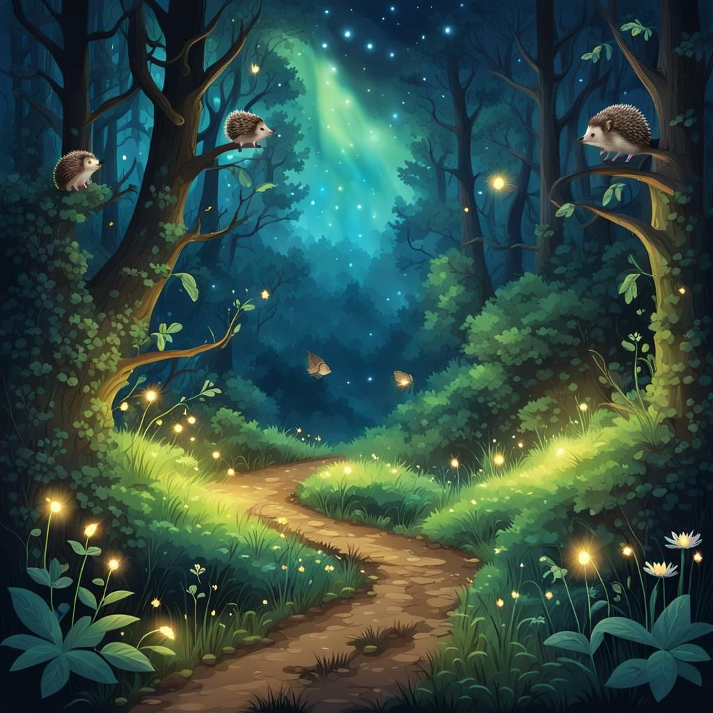 Magical Night Forest with Green Fireflies