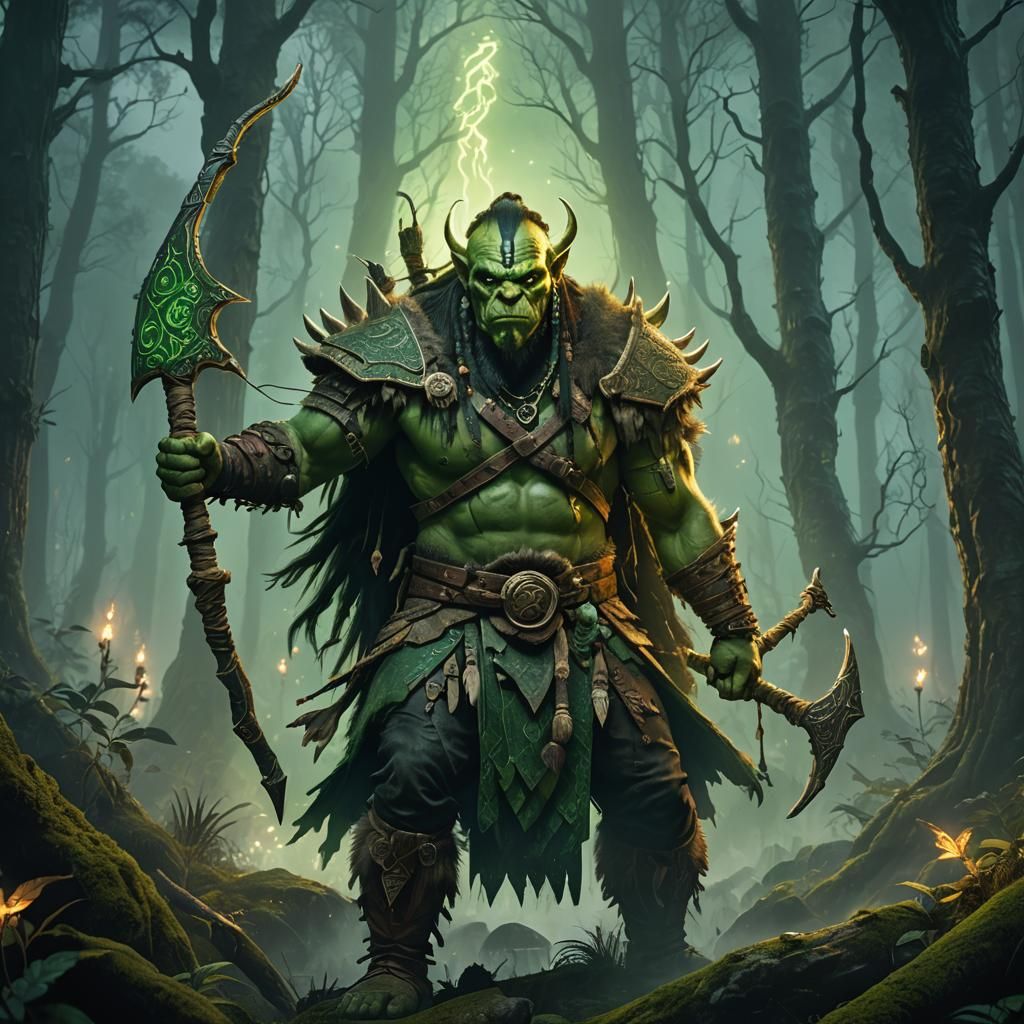 Orc shaman with longbow covered in runes and tattoos