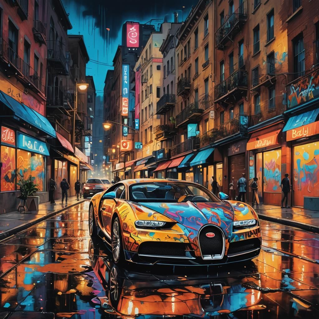Bugatti in Vibrant City Street, Graffiti Art