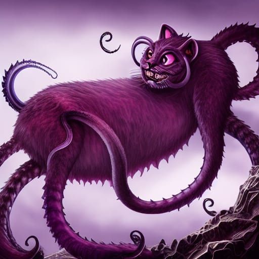Displacer beast, 4 front paws, tentacles, feline, female, cheshire cat, madness