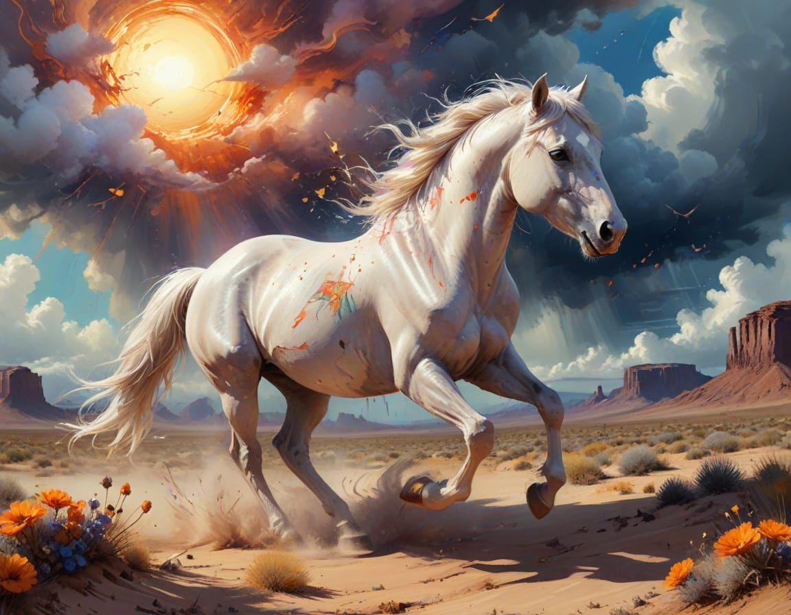 Wild Horse Galloping: Neo-Impressionist Oil Painting