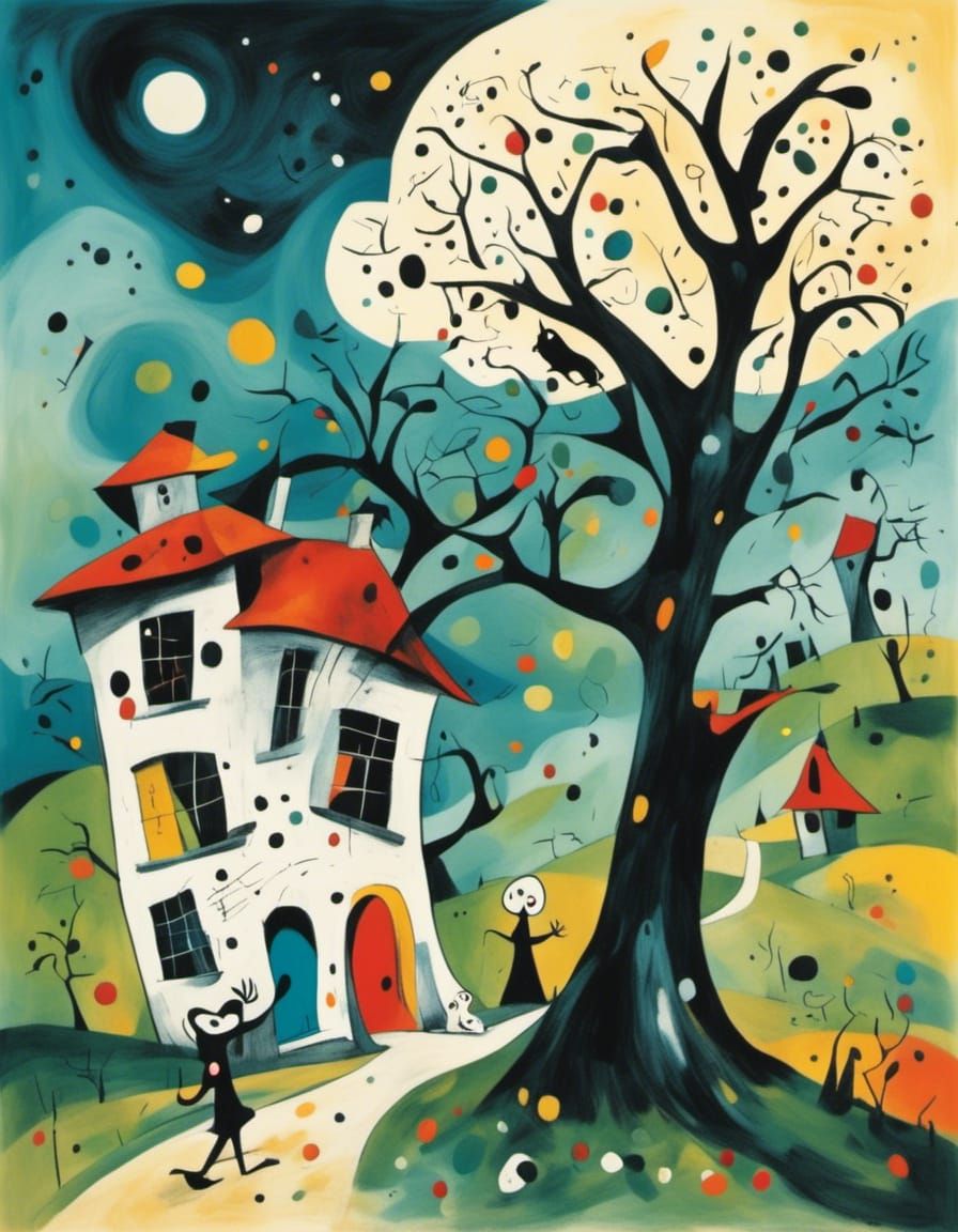 Haunted House with Werewolf in Miró Style