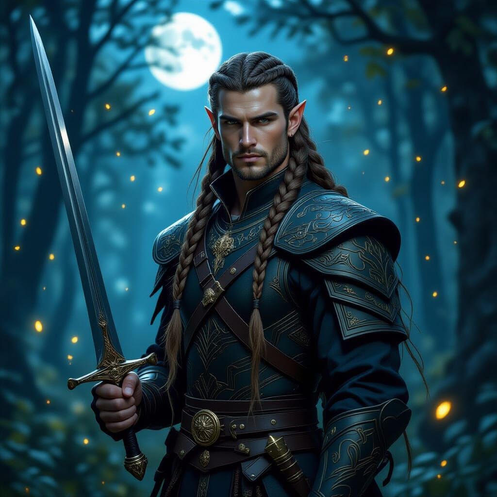 Elven Warrior Stands Guard in Moonlit Forest
