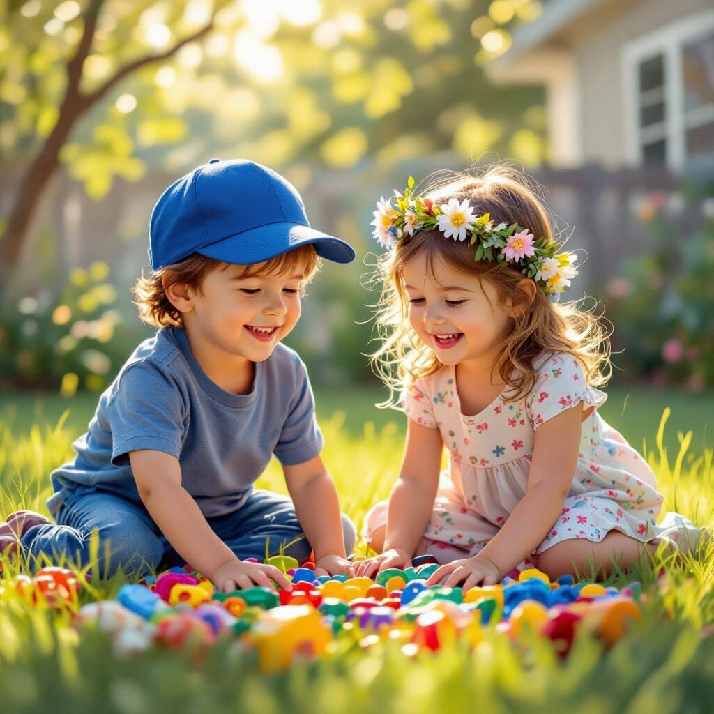 Siblings Play in Sunlit Backyard with Toys