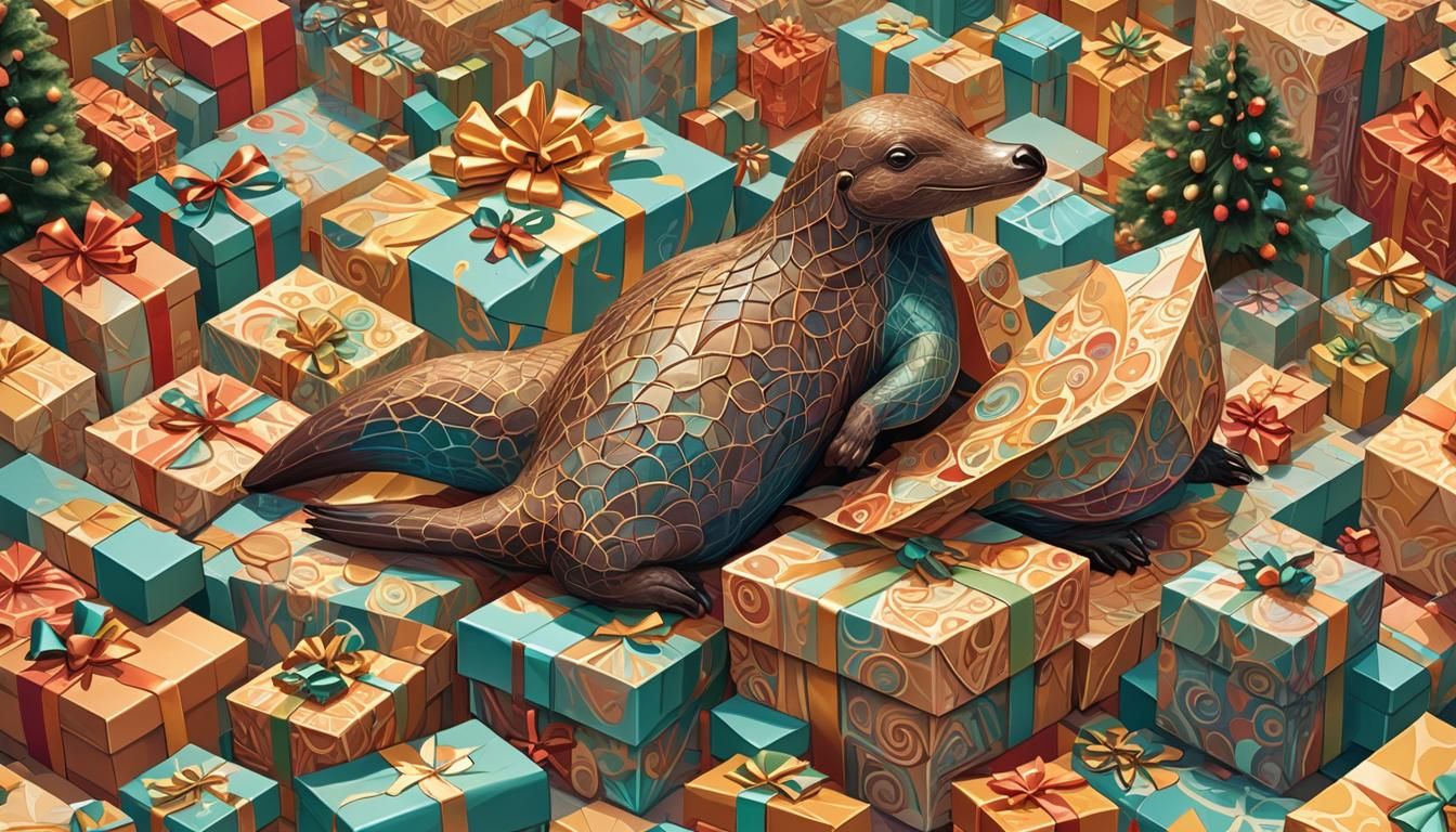 Vibrant Fractal Scene of Platypus Gift Wrappers in a Whimsic...