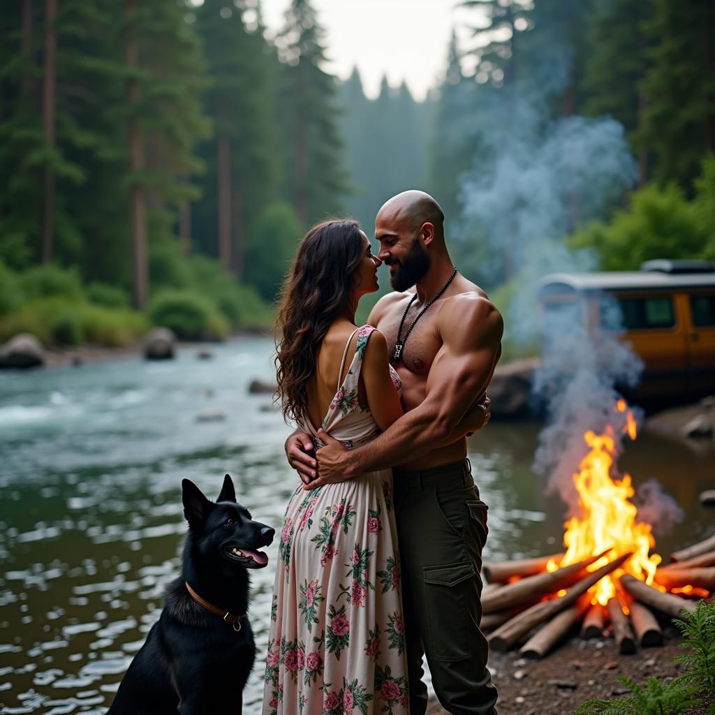Romantic River Scene with Muscular Man and German Shepherd