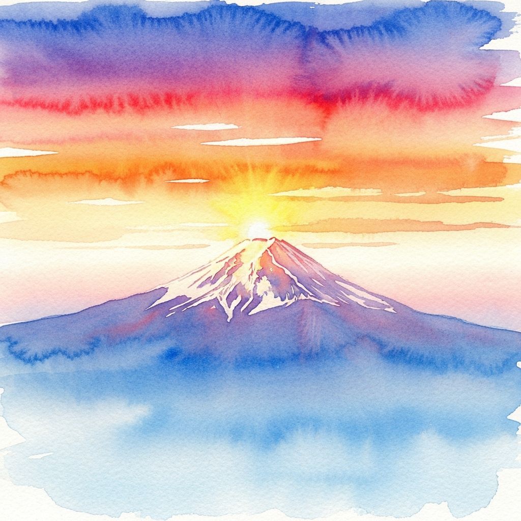 Sunrise Over Mount Fuji in Expressive Watercolor Style