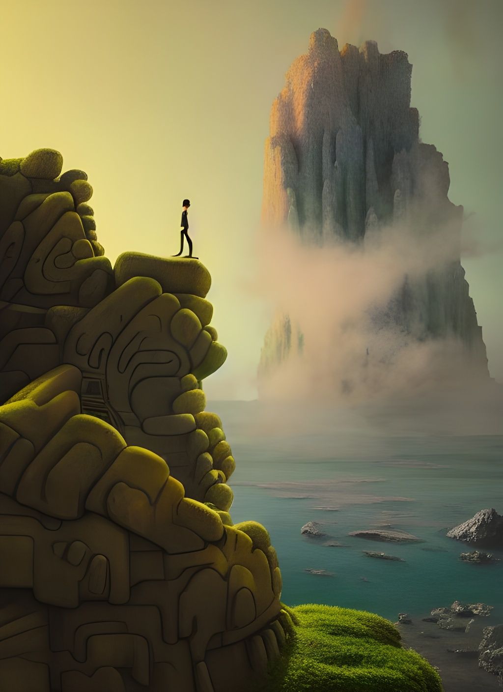 Dreamscape Temple with Stone Golem in Ghibli Style