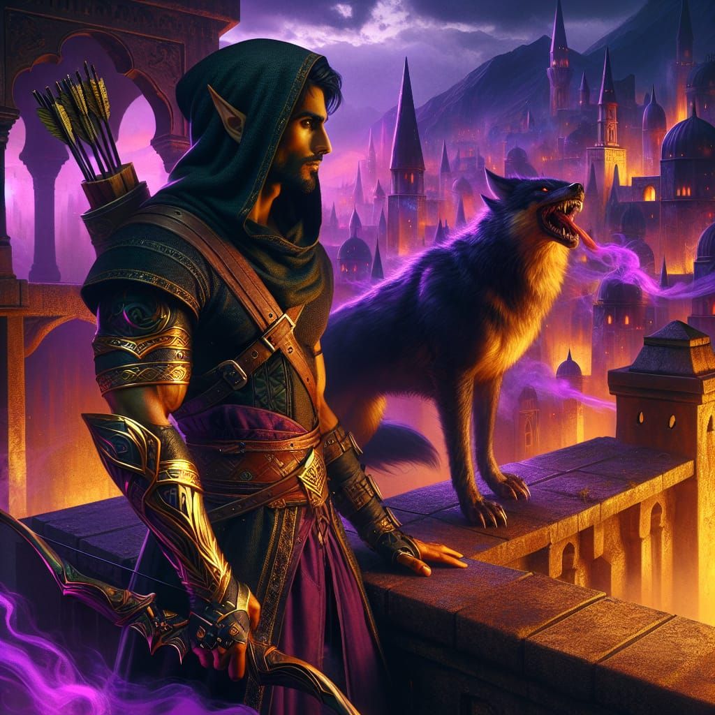 Half-Elf Archer Overlooks Purple Medieval City