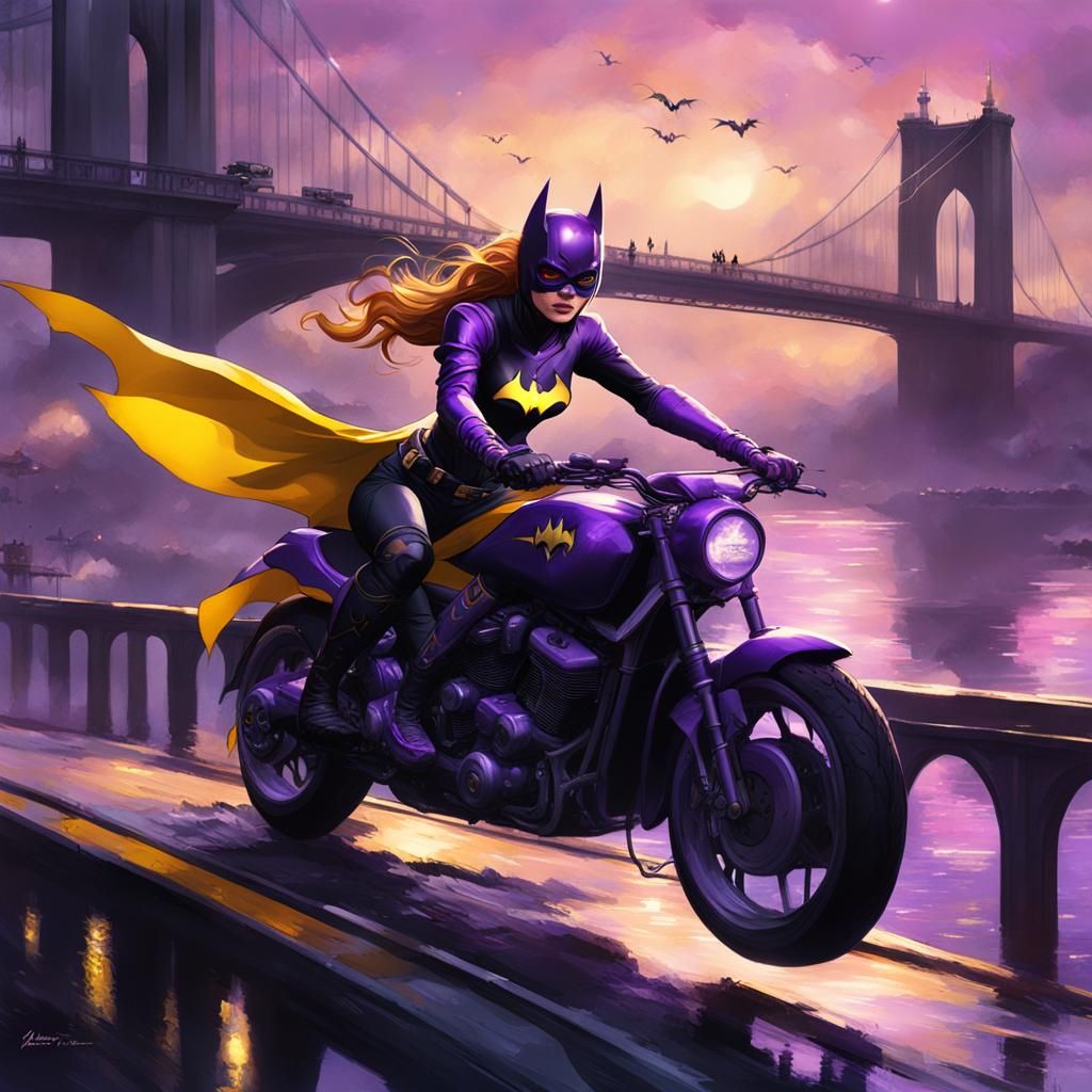 Batgirl Soaring Over Water: Dark Fantasy Art