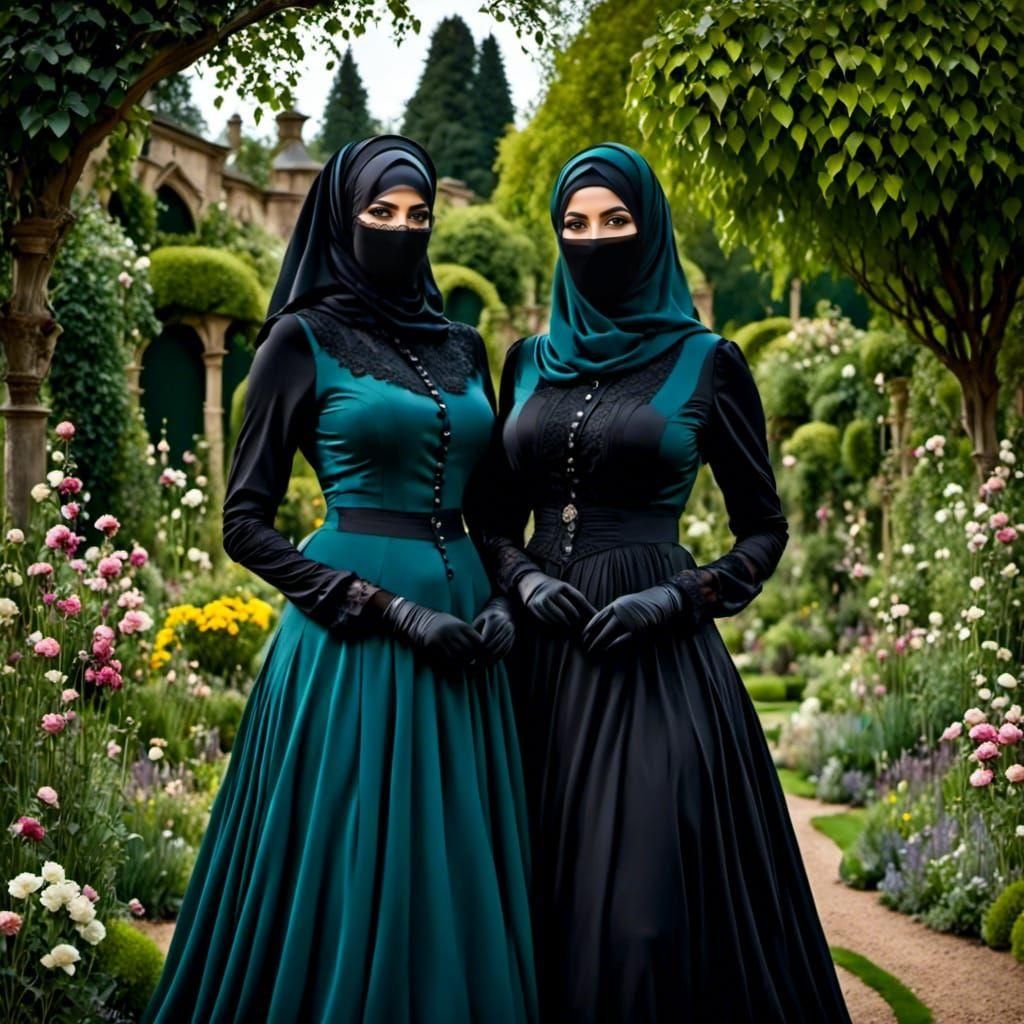 Victorian Niqabi Teachers in Garden, Oil Painting