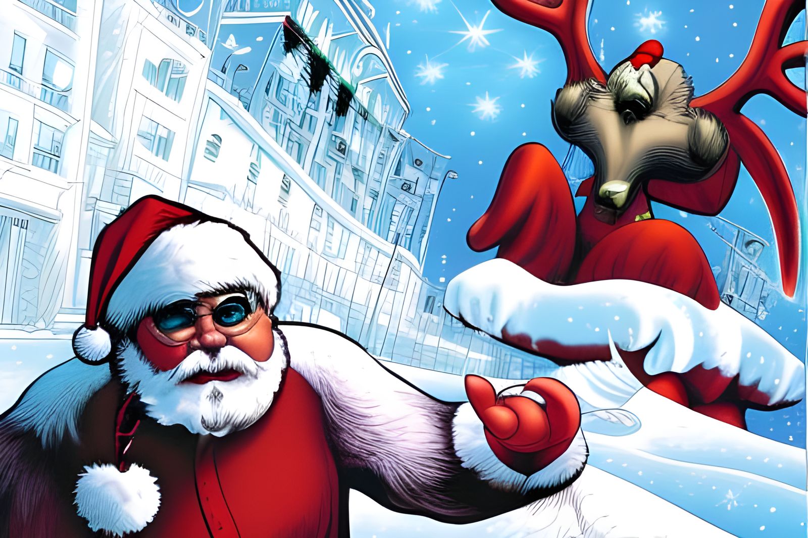 Evil Santa and Rudolph in Comic Book Style