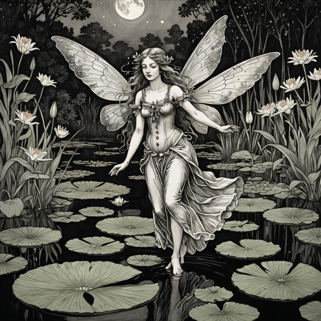 Winged Fairy Dances on Lily Pad: Ink Drawing
