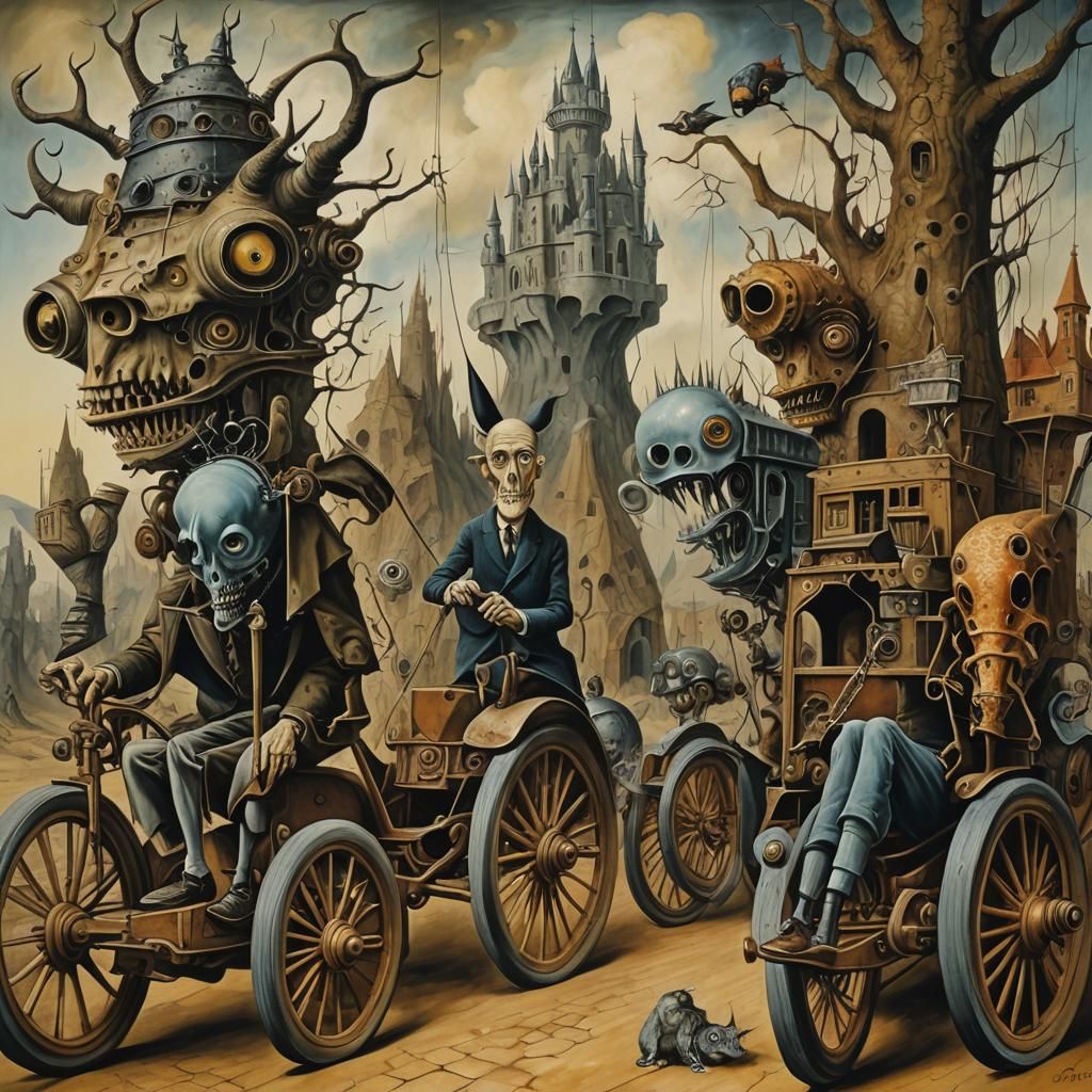 Surreal Creatures on Wheels: Oil Painting