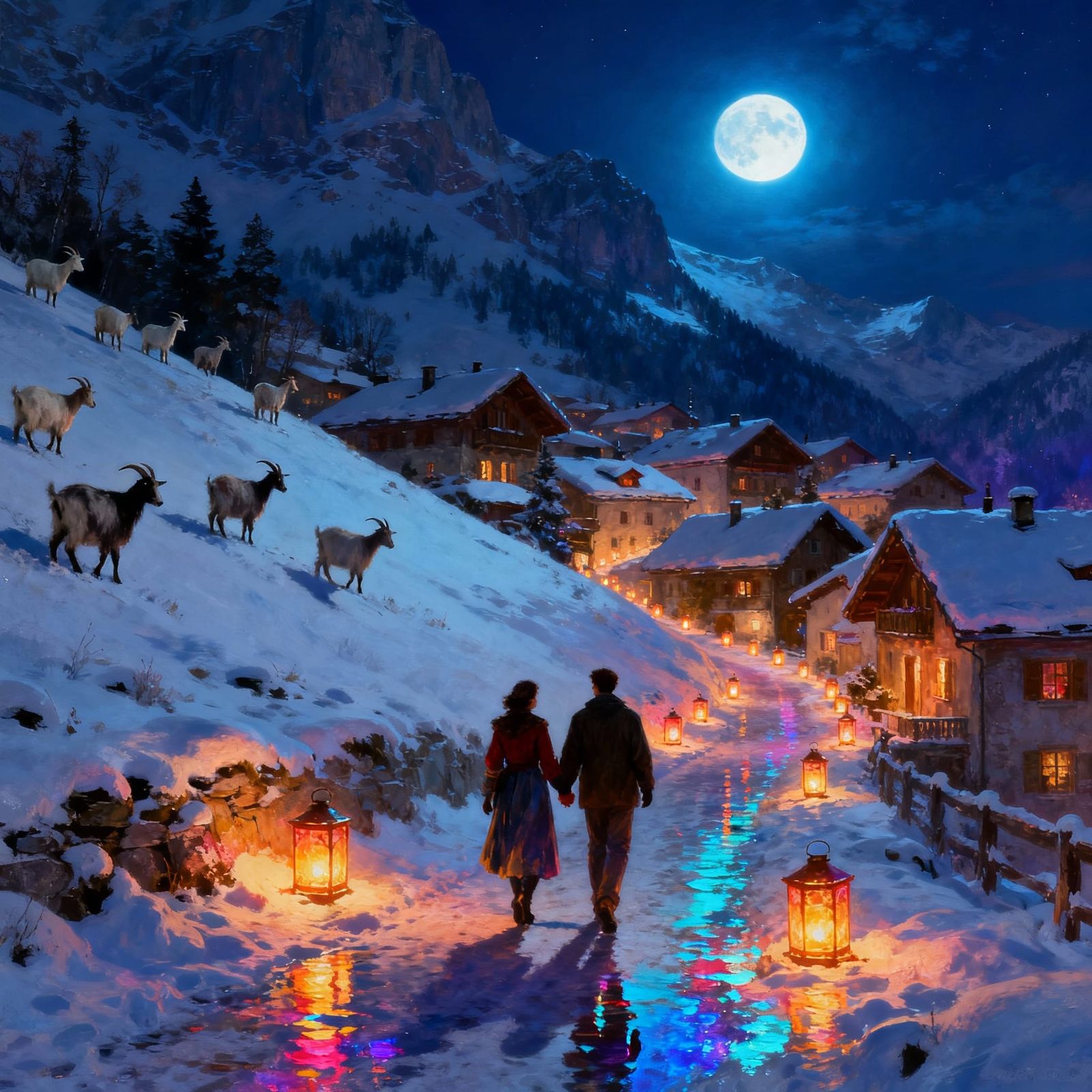 Snowy Alpine Village With Glowing Lanterns and Moonlit Night