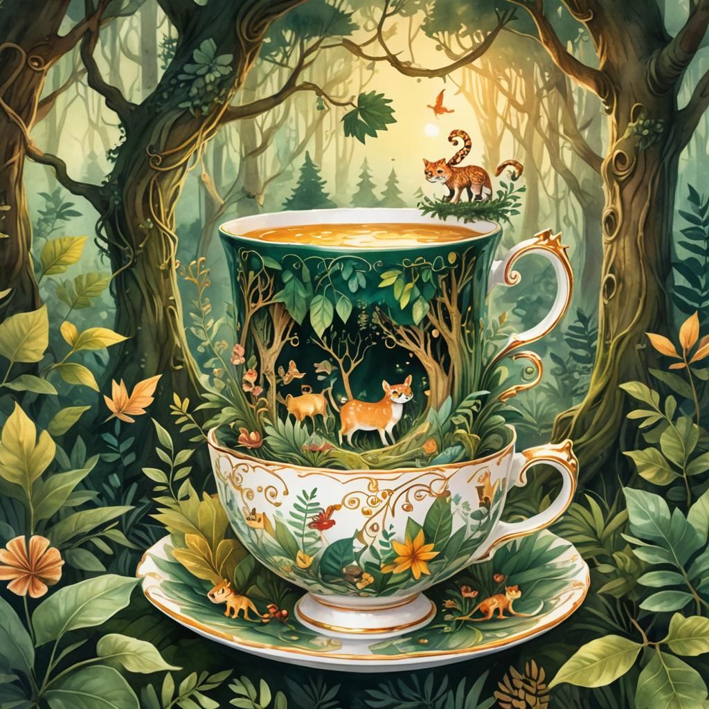 Enchanted Teacup: A Miniature Fantasy World in Watercolor