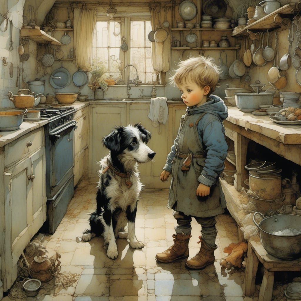 Whimsical Toddler Boy in Kitchen Scene with His Lovable Dog
