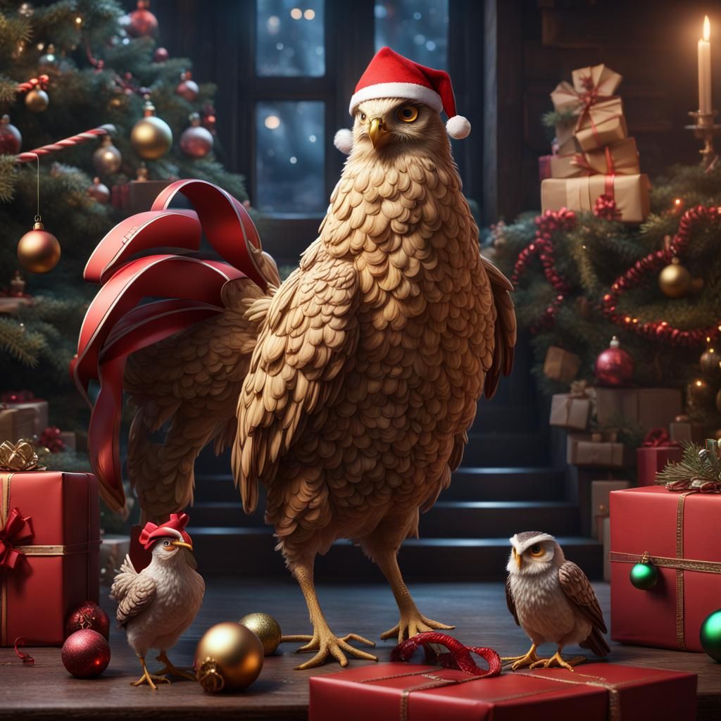Metallic Christmas Scene with Chicken and Owl