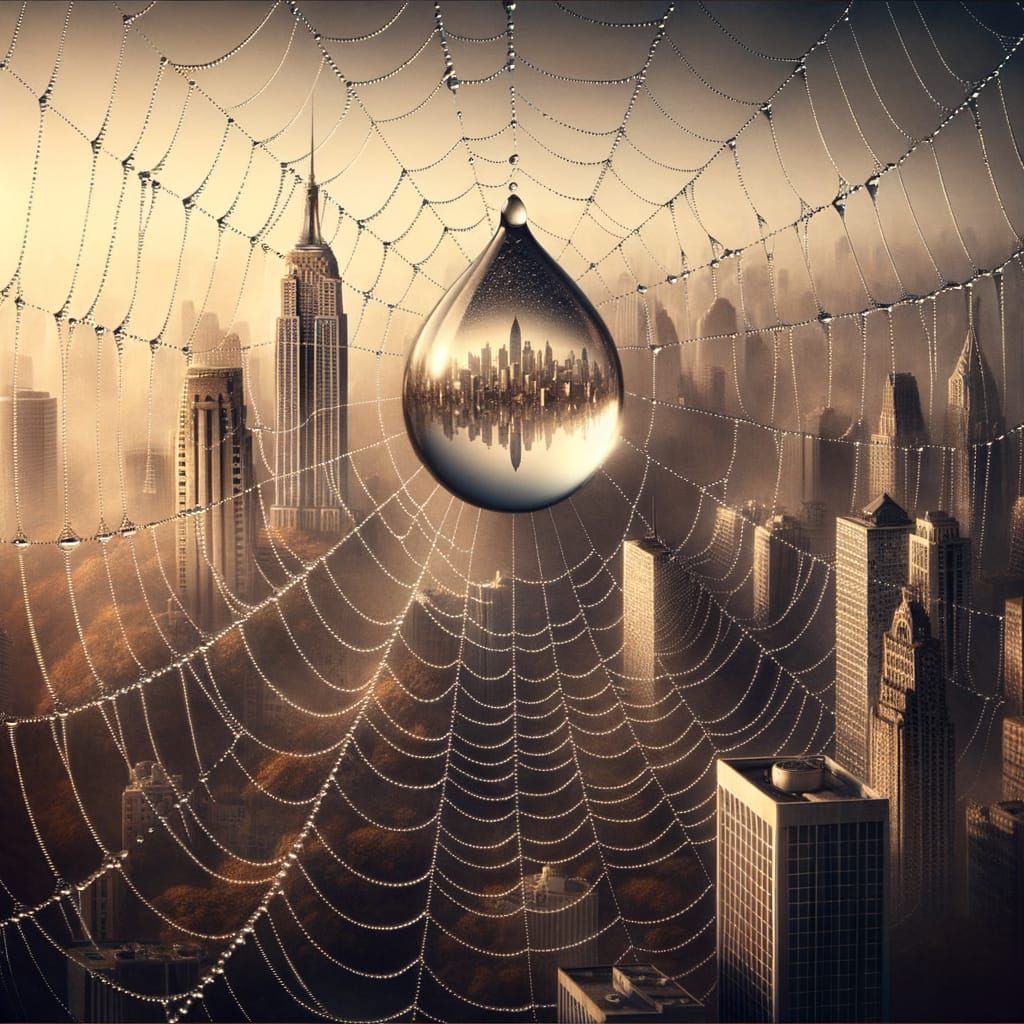 Giant Dewdrop Reflecting Cityscape in Cinematic Still
