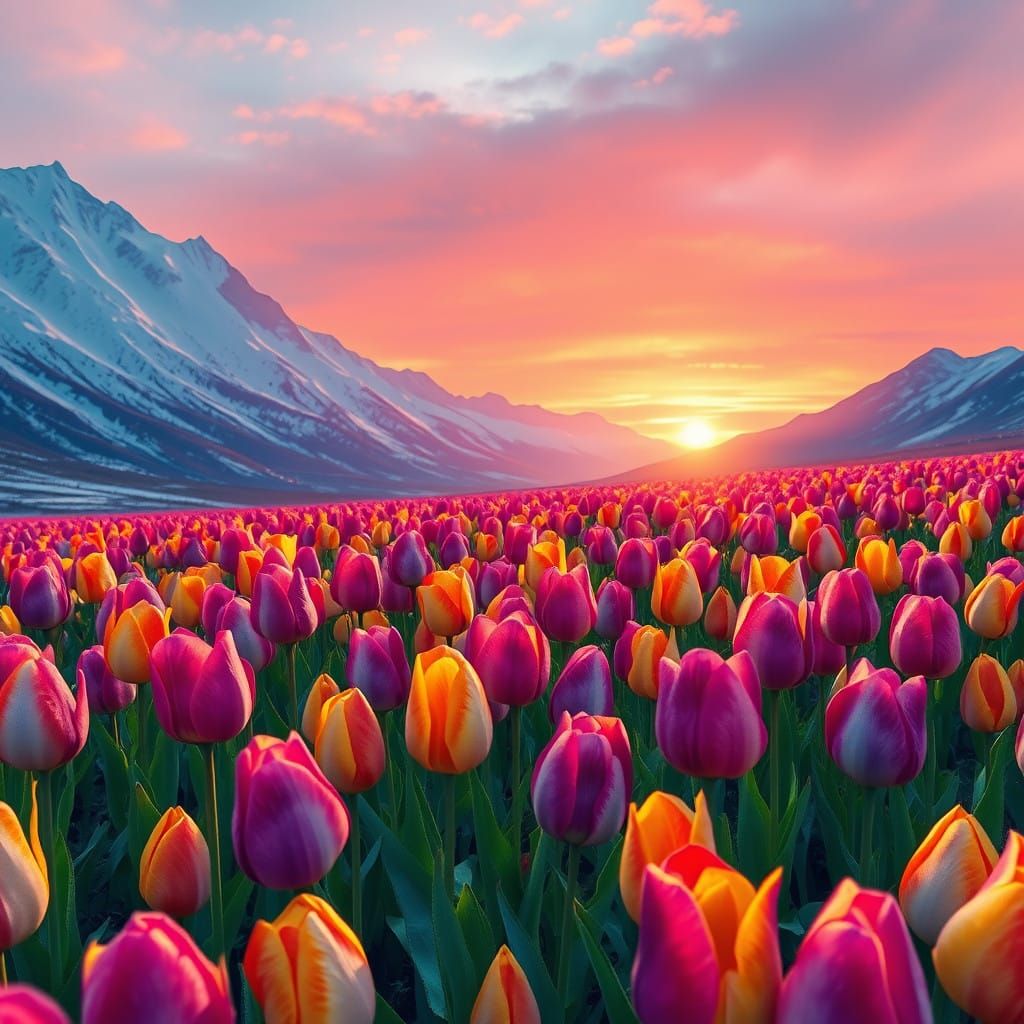 Enchanted Tulip Field at Sunset Amid Snow-Capped Mountains
