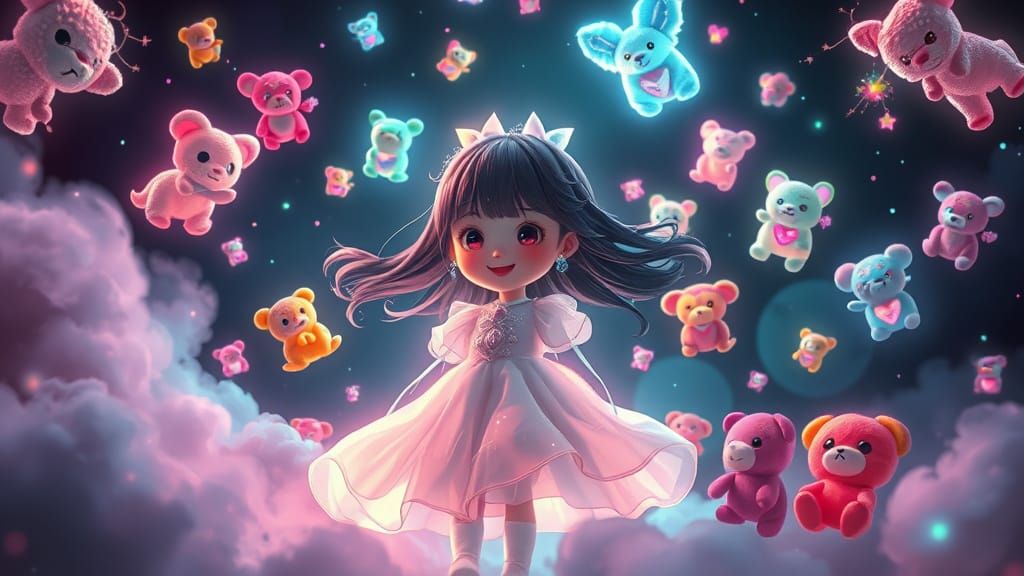 Anime Girl Surrounded by Neon Plushies in Dreamscape