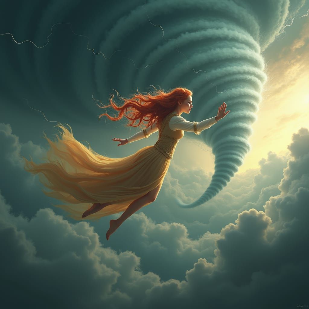 Queen with Flowing Hair Soaring Through Storm