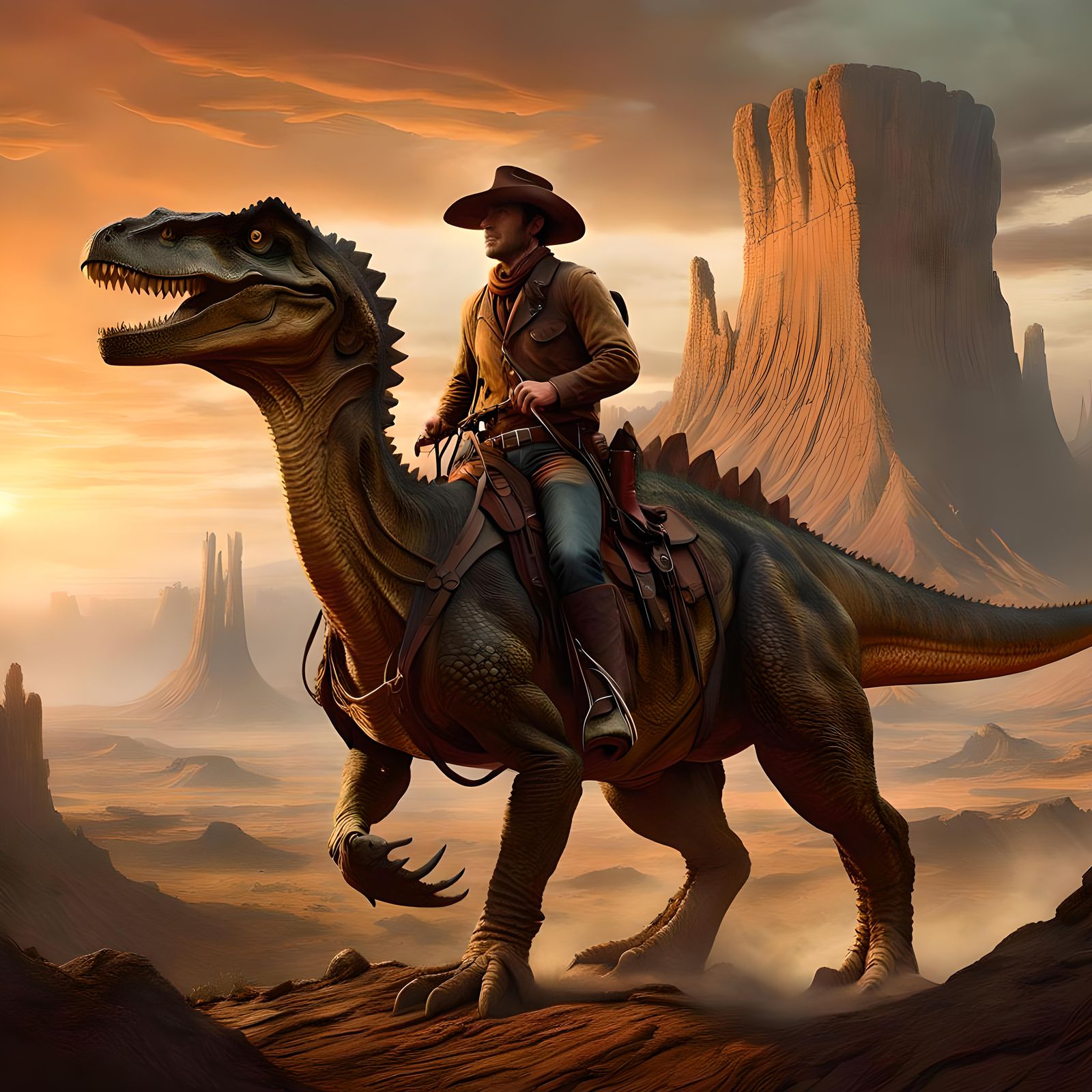 Cowboy Rides Dinosaur in Wild West Era
