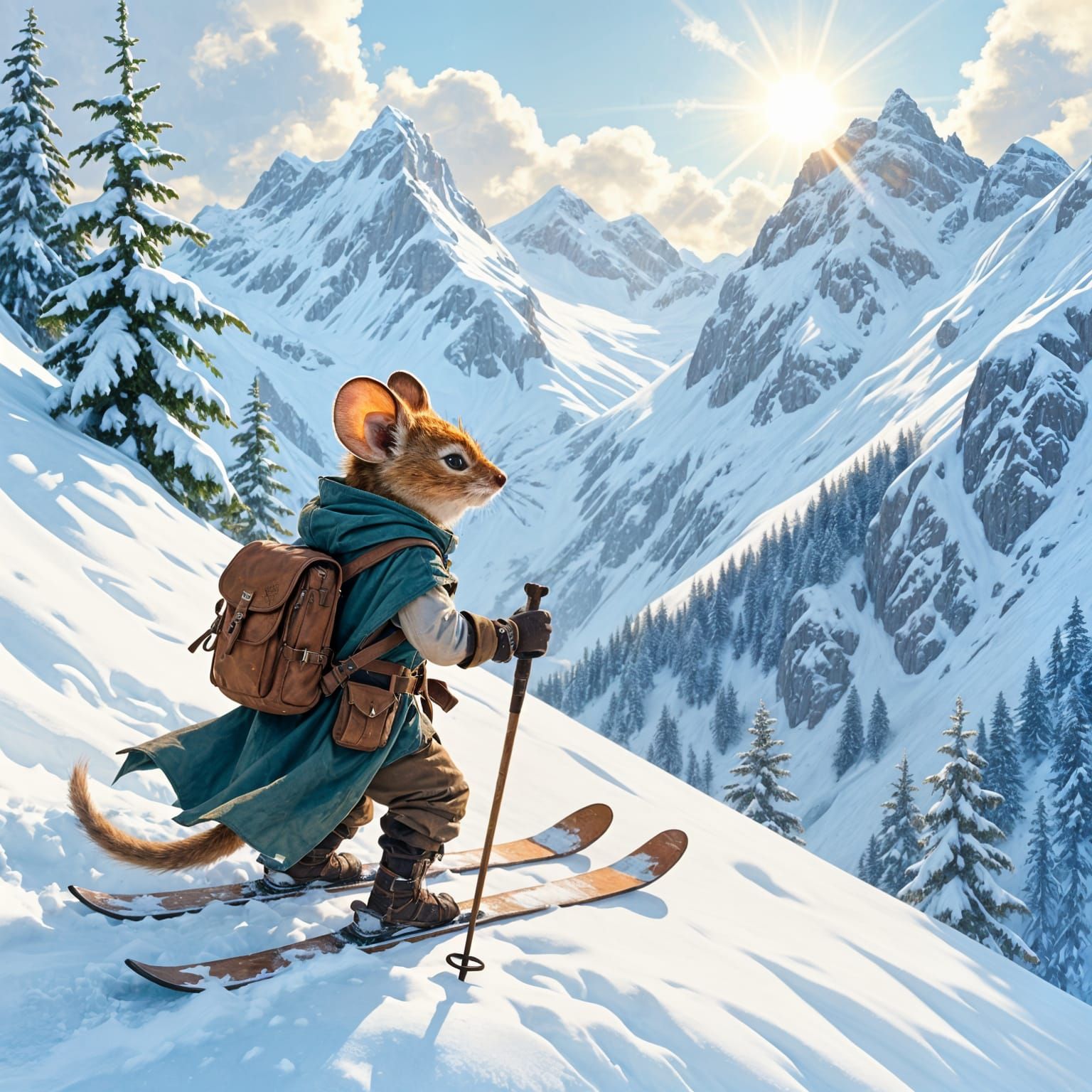 Anthropomorphic Mouse Adventurer Prepares for Snowy Ski Desc...