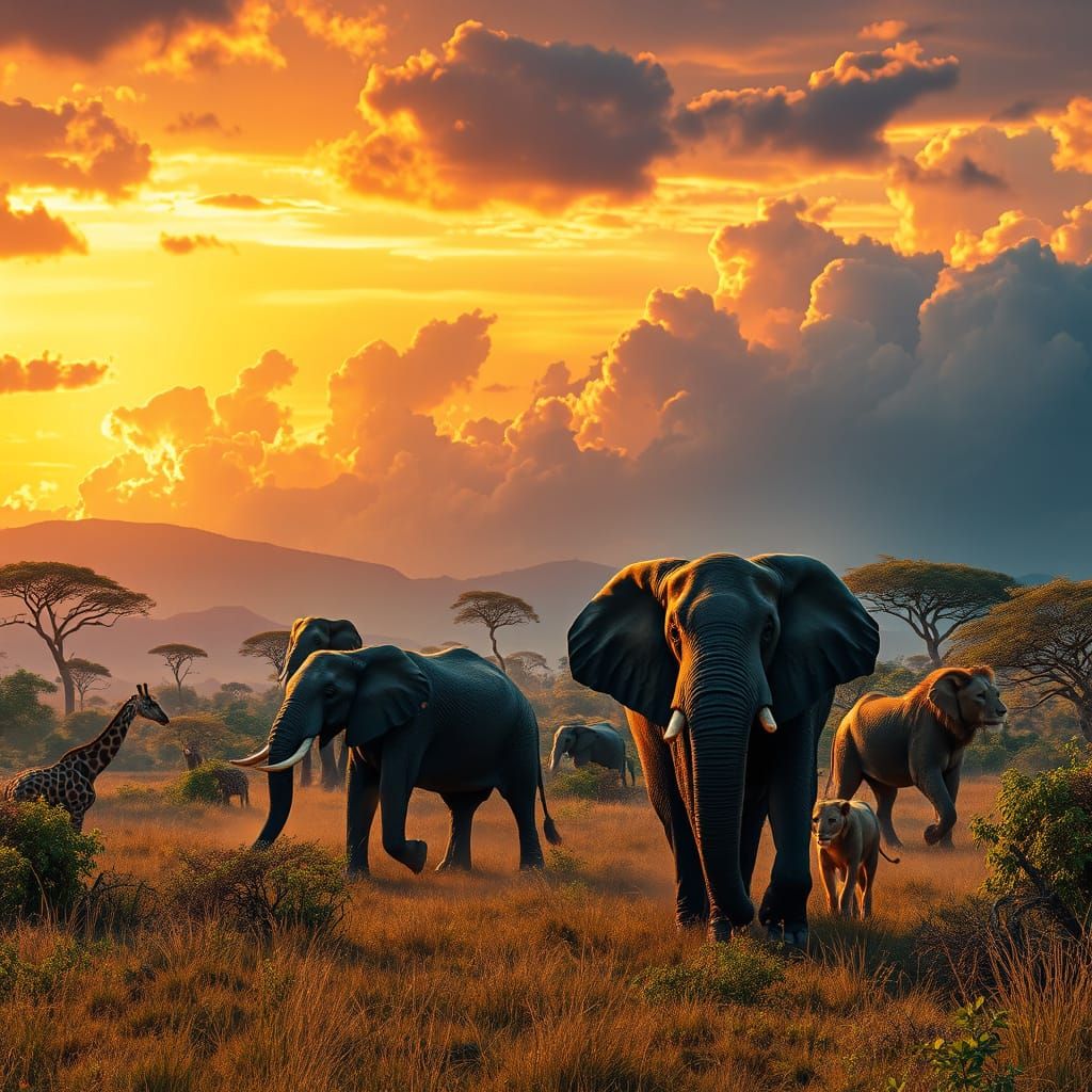 Majestic Wildlife Roam African Savannah at Sunset