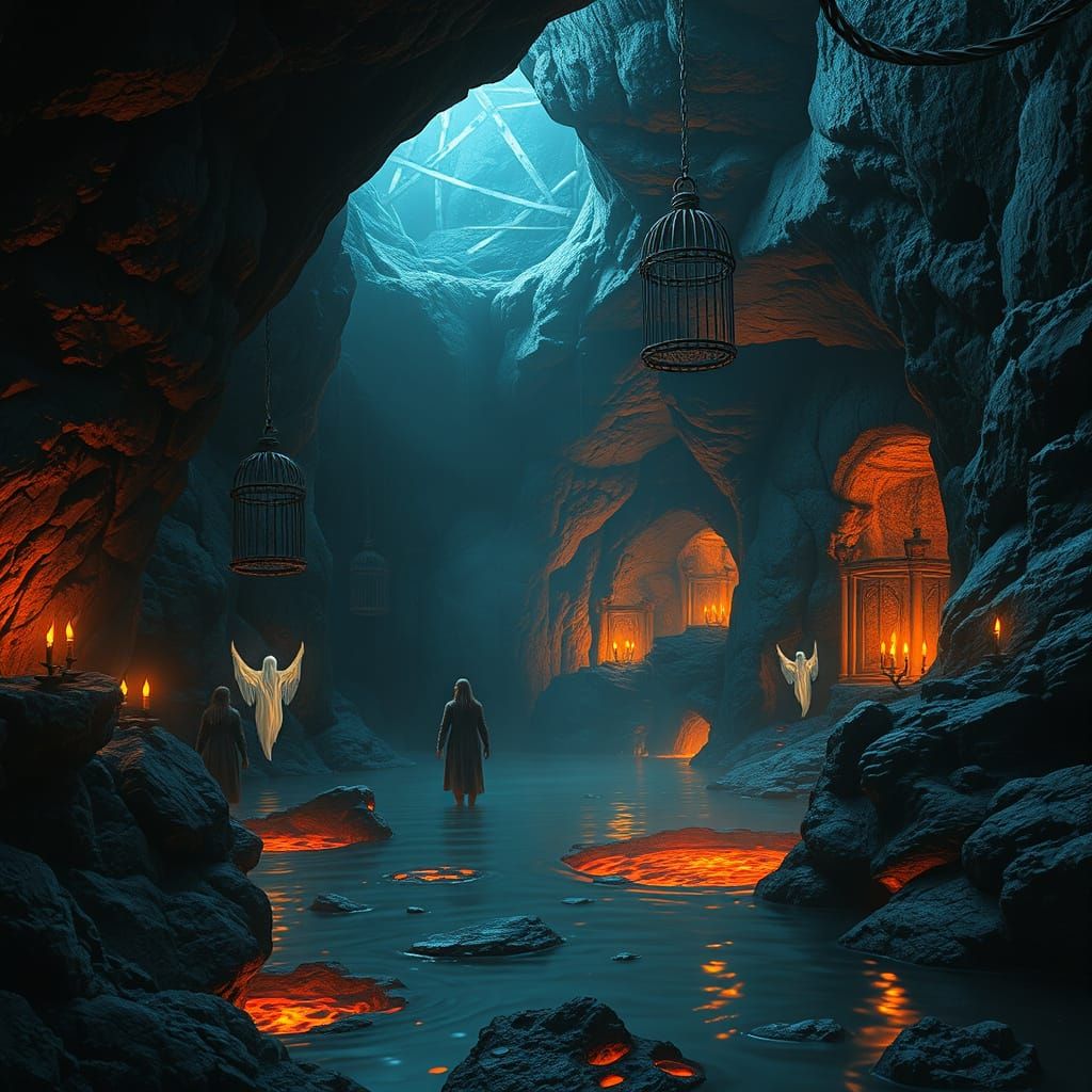 Torchlit Lava Cave with Shackled Ascended Immortals