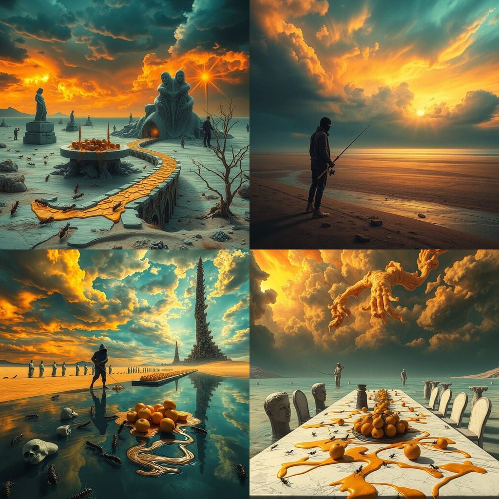 Surreal Desert-Sea Landscape with Statues and Stormy Sky