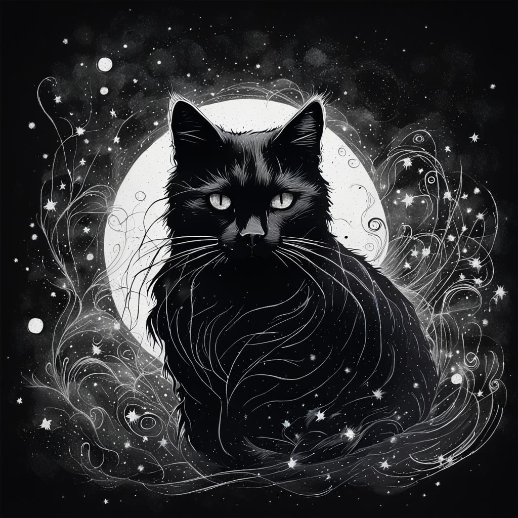 Dreamlike Black Cat Sketch in White Ink