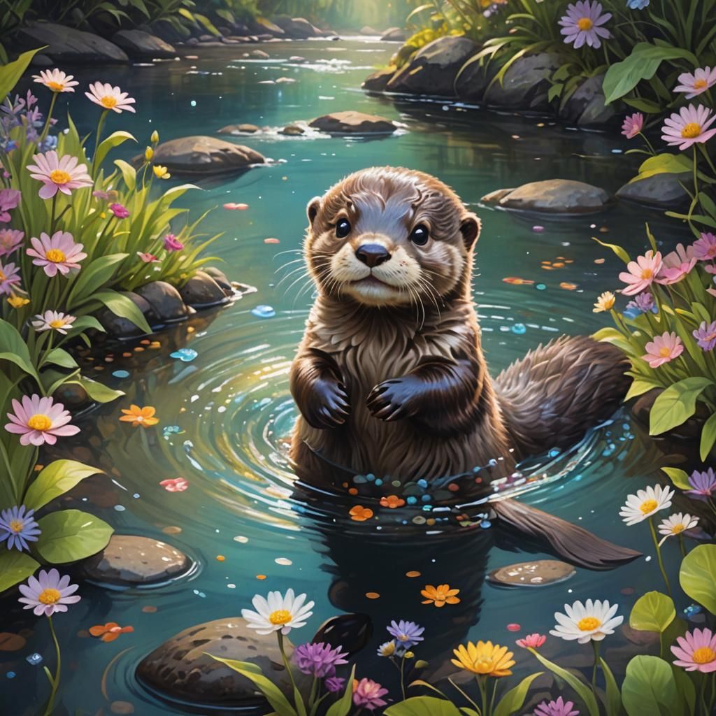 Happy Otter Cub Plays in River, Pastel Painting