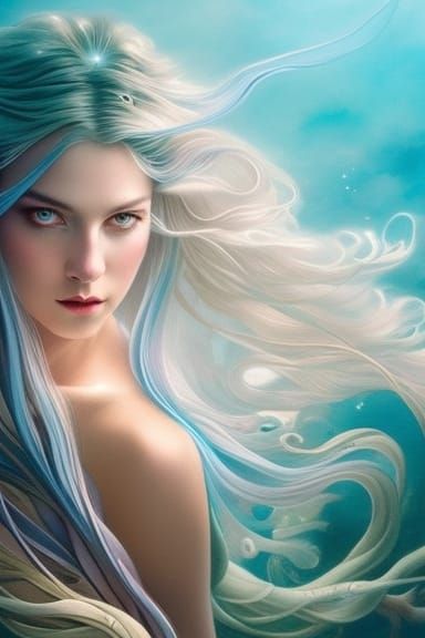 Opalescent Mermaid with Glowing Flower Digital Portrait