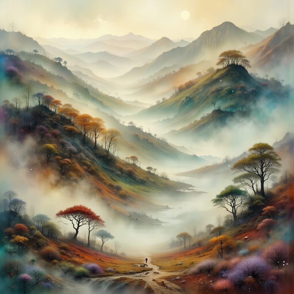 Surreal Foggy Landscape with Melting Forms
