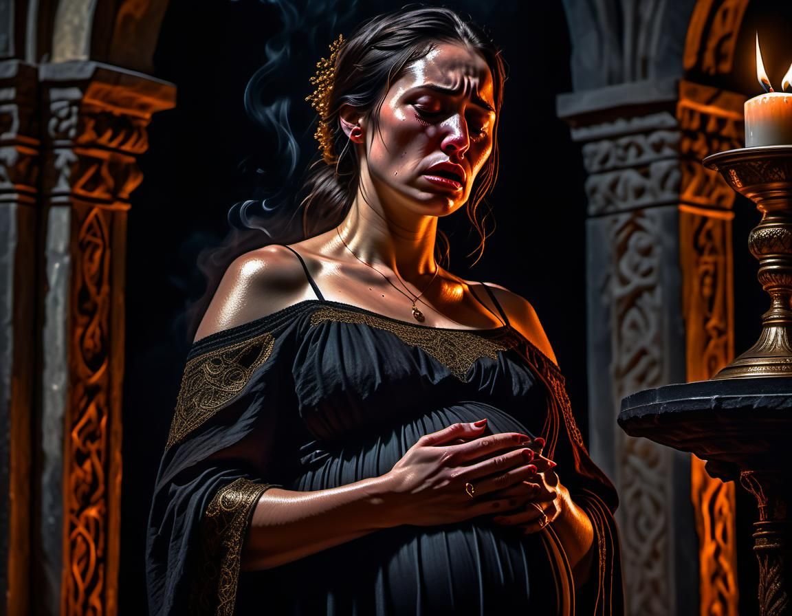 Renaissance Chiaroscuro: Pregnant Woman Weeping at Altar