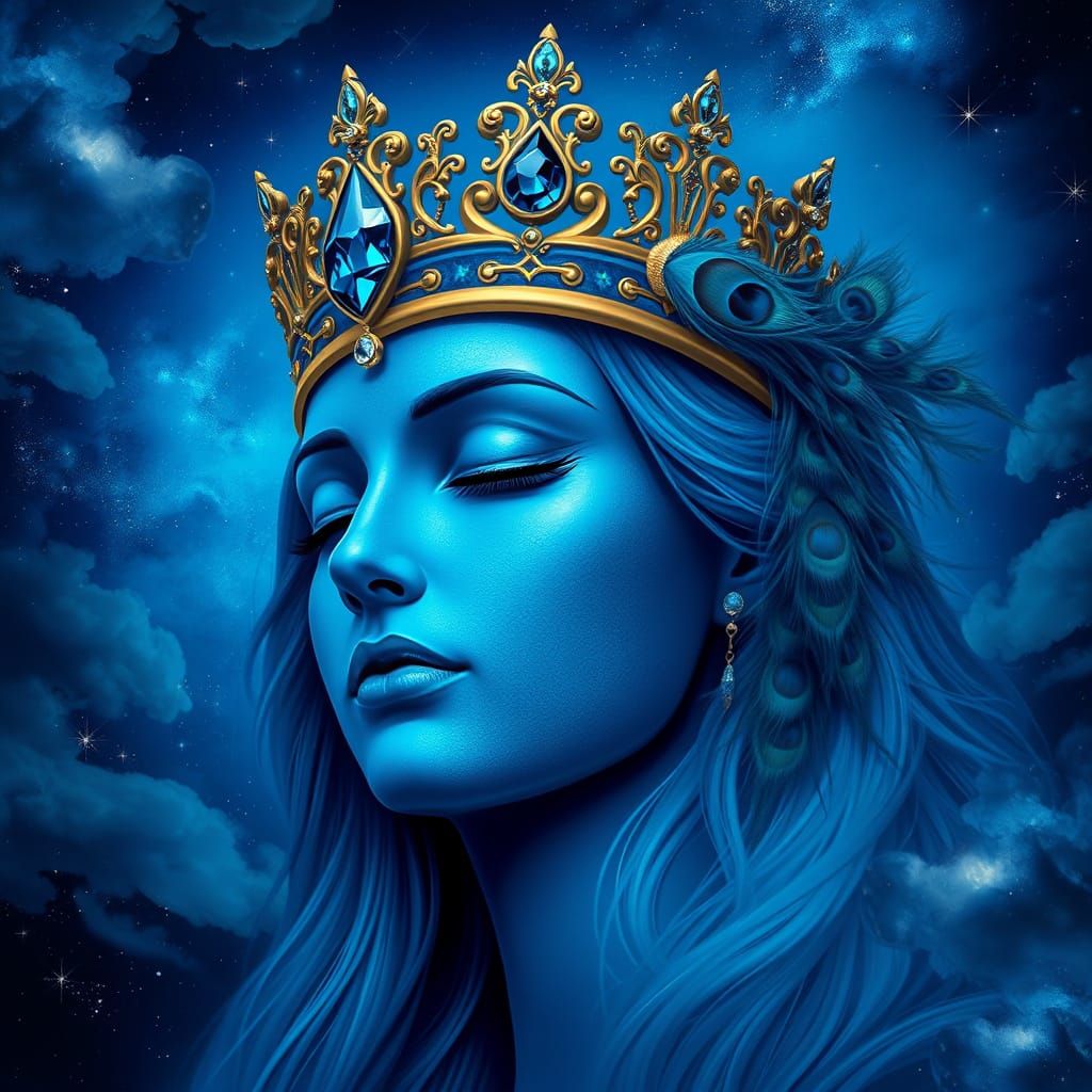 Blue Deity with Crown in Cosmic Dreamscape
