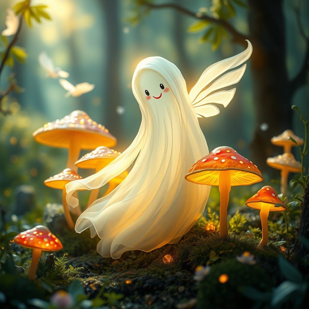 Whimsical Ghost in a Vibrant Fairytale Forest Bathed in Warm...